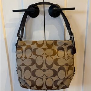 Coach Tan and Brown Signature Shoulder Bag Hobo Slouch purse designer c style